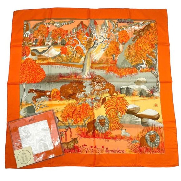 Hermes Carre 90 Scarf 100% Silk Nuba Mountain Orange Box